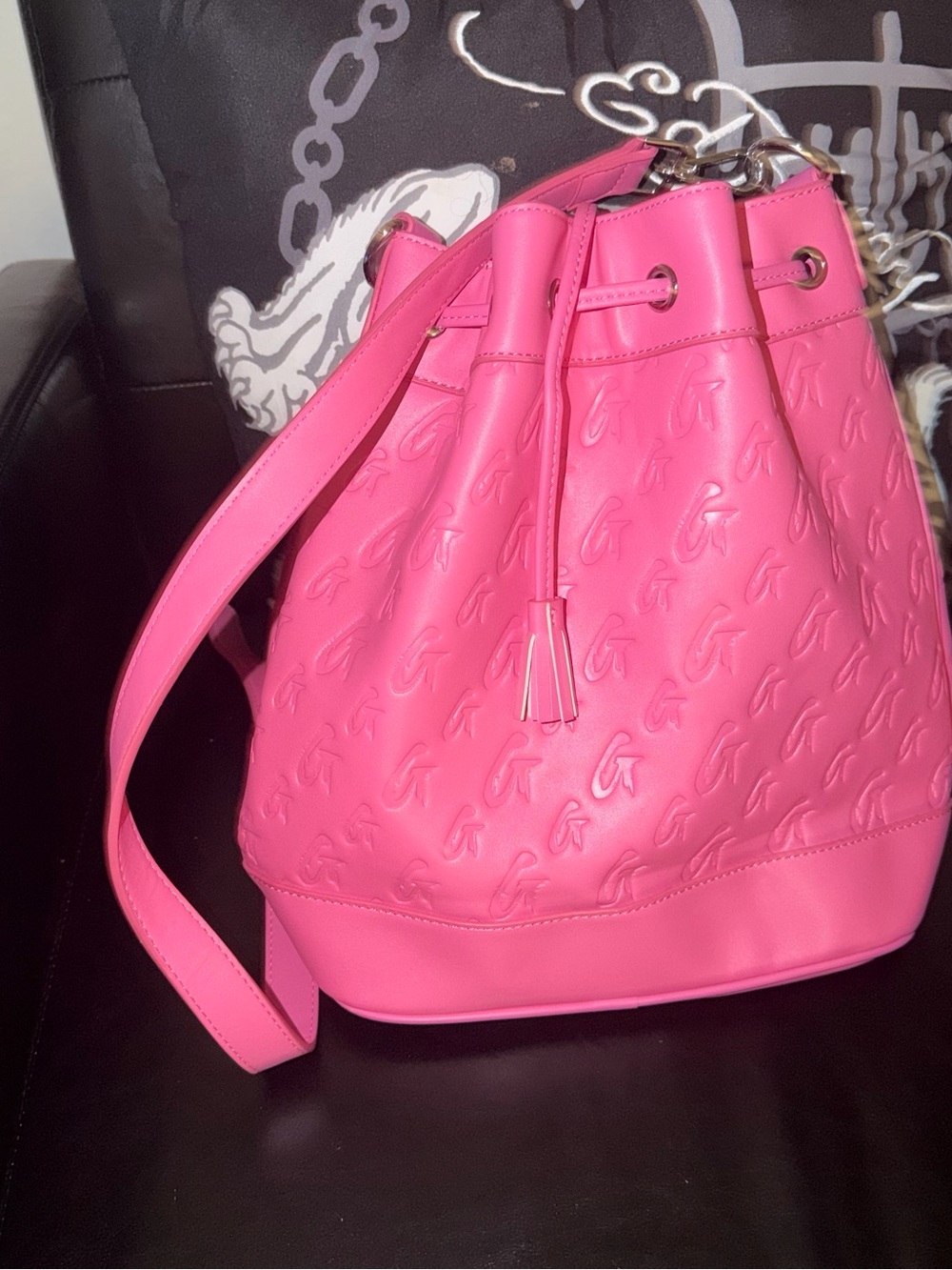 Pink Embossed GLAMAHOLIC Drawstring Bucket Bag